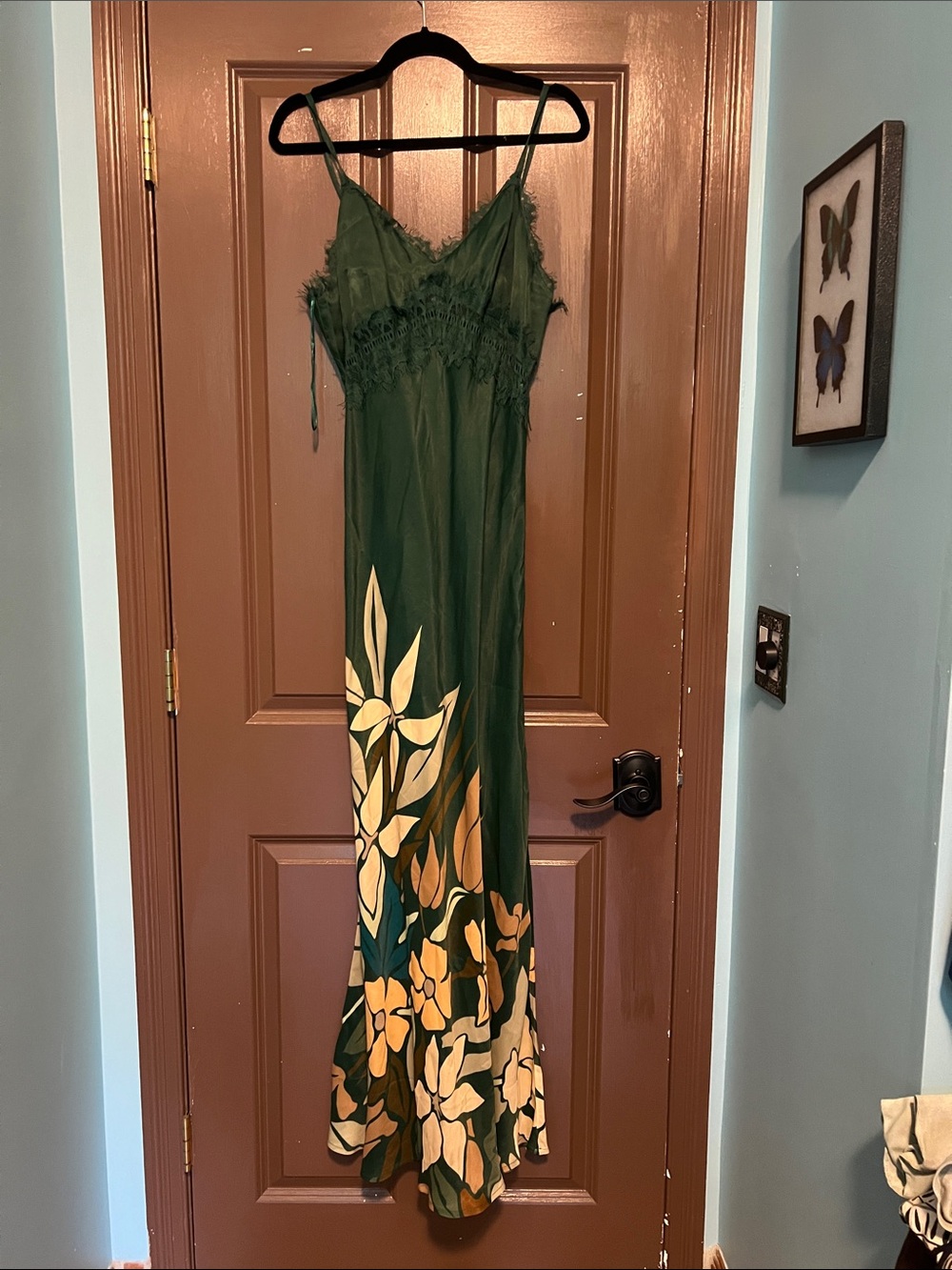 Bl^nk London Green Floral Slip Dress with Lace Trim L